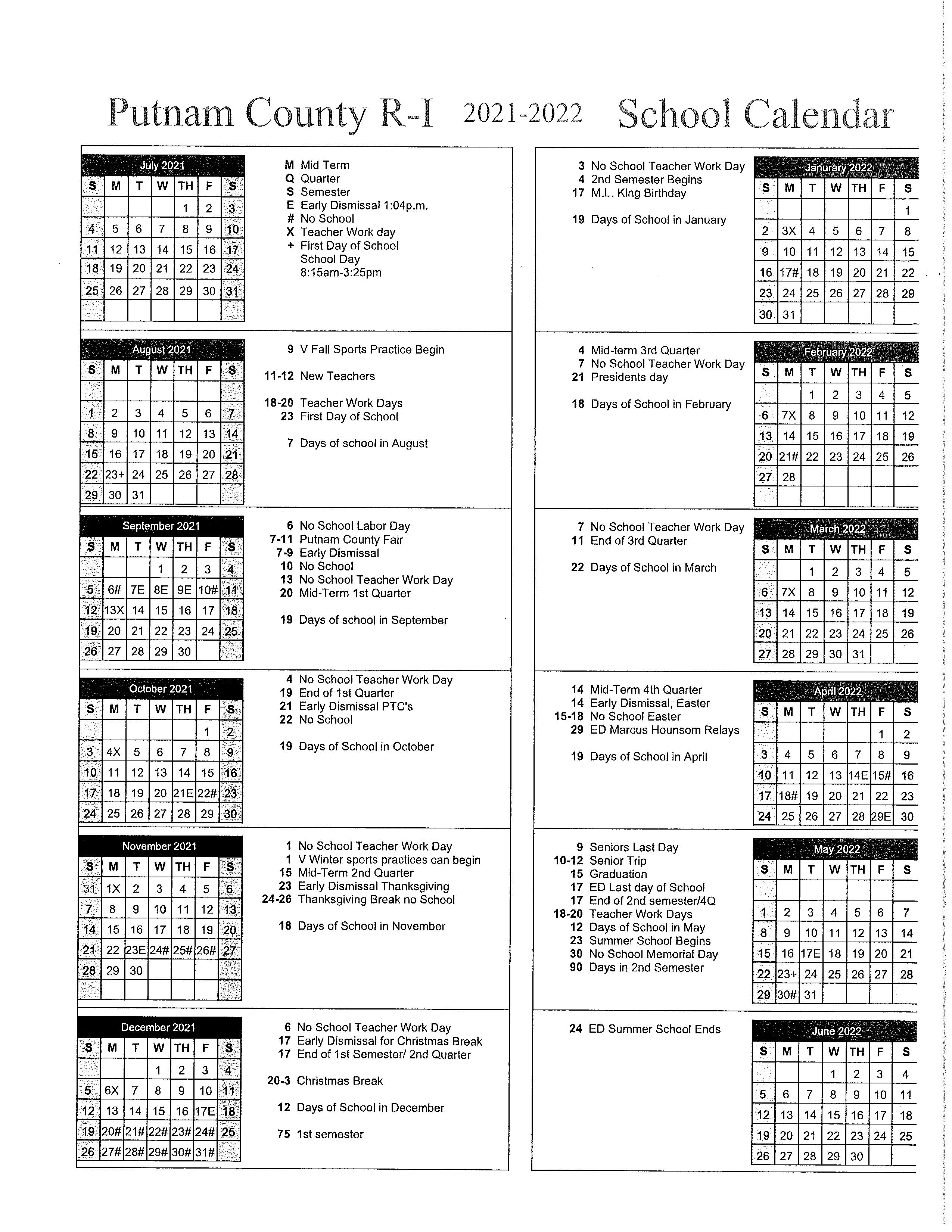 Putnam County School District Calendar 2021 And 2022 Publicholidays Us